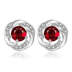 Flower Silver Color Plated Brass Cubic Zirconia Stud Earrings, Red, 10x10mm