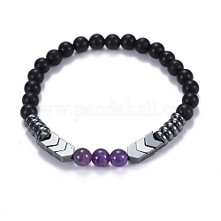 Natural Black Agate(Dyed) & Amethyst Beads Stretch Bracelets, with Non-Magnetic Synthetic Hematite Beads, 2 inch(5.2cm)