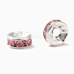 Perles séparateurs en laiton avec strass, Grade a, bride droite, couleur argentée, rondelle, rose clair, 6x3mm, Trou: 1mm