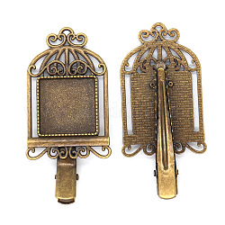 Iron Alligator Hair Clip Findings, with Zinc Alloy Cabochon Bezel Settings, Cage, Antique Bronze, Tray: 20x20mm; about 50pcs/bag