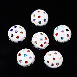 Perline strass polimero argilla, perline palla di disco, rotondo e piatto, bianco, 11~12x7mm, Foro: 1.4 mm, strass: pp15 (2.1~2.2mm)