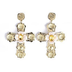 Orecchini pendenti in lega a croce, strass di vetro e orecchini a bottone in finta perla di plastica per le donne, oro chiaro, 101mm, ago :0.6mm, croce: 84x63.5x14.5 mm