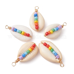 10pcs pendentifs coquillages naturels, 7 perles de rocaille rondes en verre chakra, breloques enveloppées, colorées, 25~30mm, Trou: 1.8~2.8mm