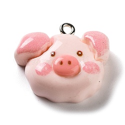 Pendentifs en résine opaque, Breloques tête de cochon avec boucles en fer plaqué platine, rose, 20.5x23x7mm, Trou: 2mm