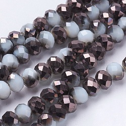Electroplate Glass Faceted Rondelle Beads Strands, Imitation Jade, Half Plated, Black, 6x4mm, Hole: 1mm, about 100pcs/strand, 18.1 inch