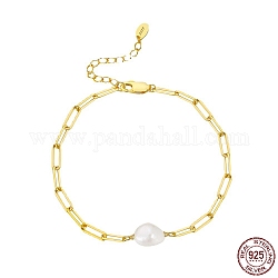 Pulseras de eslabones de perlas naturales de agua dulce, con pulseras ajustables de cadena de papel de plata de ley 925 para mujer, con sello s925, real 14k chapado en oro, 7-1/8 pulgada (18 cm)