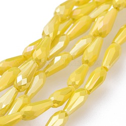 Perlas de vidrio opaco galvanizado hebras, chapado en arco iris , facetados, lágrima, amarillo, 9~10x4mm, agujero: 0.8 mm, aproximamente 70~72 pcs / cadena, 25.98 pulgada ~ 27.95 pulgadas (66~71 cm)