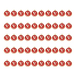 Breloques en alliage plaqué or, avec l'émail, paillettes émaillées, plat rond, rouge, letter.v, 14x12x2mm, Trou: 1.5mm, 50 pcs / boîte