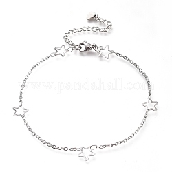 304 Stainless Steel Cable Chain Anklets, with Star Links and Lobster Claw Clasps, Stainless Steel Color, 9-1/8 inch(23cm)
