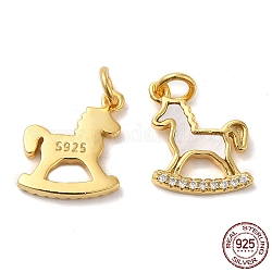 925 Sterling Silver Micro Pave Cubic Zirconia Charms, Rocking Horse Charm, with Shell & Jump Ring & 925 Stamp, Real 18K Gold Plated, 13x11x2mm, Hole: 2.5mm