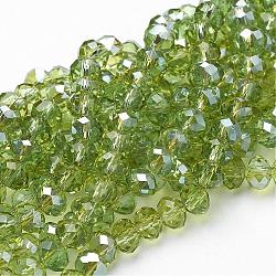 Chapelets de perles en rondelles facettées en verre électrolytique, demi-plaqué, vert jaune, 6x4mm, Trou: 1mm, Environ 85~88 pcs/chapelet, 16.1~16.5 pouce (41~42 cm)