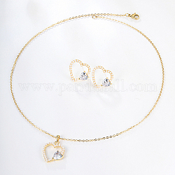 Ensemble de bijoux en forme de cœur en zircone cubique transparente, avec perle d'imitation en plastique, boucle d'oreille et collier pendentif en alliage, véritable 18k plaqué or, 17-3/4 pouce (45 cm), 18x15mm