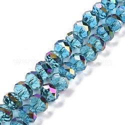 Trasparenti perle di vetro placca fili, sfaccettato, rondelle, mezzo arcobaleno placcato, cielo blu profondo, 7.5~8x6.5~7mm, Foro: 1.4 mm, circa 65pcs/filo, 16.77 pollice (42.6 cm)