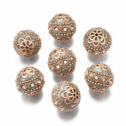 Perles Indonésiennes manuelles, avec les accessoires en métal, ronde, or clair, kaki foncé, 19.5x19mm, Trou: 1mm