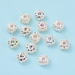 Eco-friendly Brass Cubic Zirconia Multi-Strand Links, Cadmium Free & Lead Free, Square, Silver Color Plated, Mixed Color, 8x8x5mm, Hole: 1.2mm