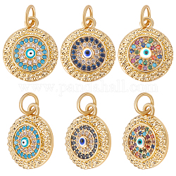 Beebeecraft 6Pcs 3 Colors Brass Micro Pave Cubic Zirconia Charms, with Enamel, Long-Lasting Plated, Flat Round with Evil Eye Charm, Real 18K Gold Plated, 15x12.5x3.5mm, Hole: 3.6mm, 2pcs/color