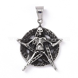 Flat Round with Skull 304 Stainless Steel Pendants, Antique Silver, 43.5x38x5mm, Hole: 6.5x10mm