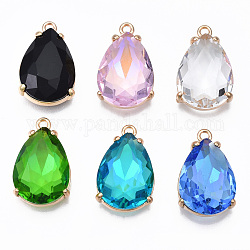 Glass Pendants, with Light Gold Brass Findings, Long-Lasting Plated, Faceted, Teardrop, Mixed Color, 21x13x7mm, Hole: 1.5mm