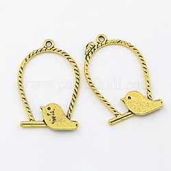 Tibetan Style Alloy Pendants, Lead Free & Nickel Free & Cadmium Free, Ring with Birds, Antique Golden, 32x20x3mm, Hole: 2mm