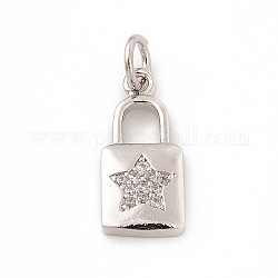 Brass Micro Pave Cubic Zirconia Pendants, with Jump Rings, Lock with Star Pattern Charm, Platinum, 16x7.5x2mm, Hole: 3mm 