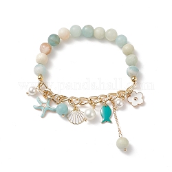 Bracelet extensible perlé fleur naturelle amazonite & coquillage, bracelet à breloques étoile de mer & coquillage & poisson en alliage émaillé avec chaînes gourmettes pour femme, diamètre intérieur: 2-1/4 pouce (5.6 cm)