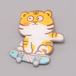 Tiger Skateboarding Chinese Zodiac Acrylic Brooch, Lapel Pin for Chinese Tiger New Year Gift, White, Blue, 43x35x7mm