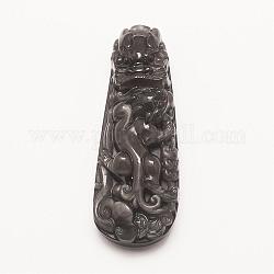 Gros pendentifs obsidienne en sculptée naturelle, lion, 58x21x12mm, Trou: 2mm