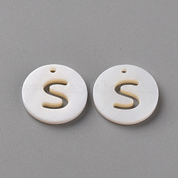 Natural Freshwater Shell Pendants, Flat Round with Letter, Letter.S, 12x1.5mm, Hole: 1mm