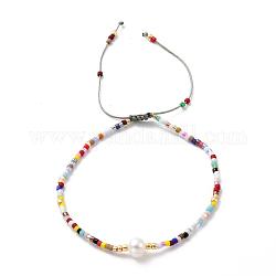 Nylon regolabile bracciali intrecciati cavo di perline, con perle di semi giapponesi e perla, colorato, 2 pollice ~ 2-3/4 pollici (5~7.1 cm)