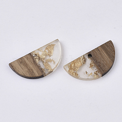 Pendenti in resina trasparente e legno di noce, con lamina d'oro, cerato, mezzo tondo, oro, 14x28x3~4mm, Foro: 2 mm