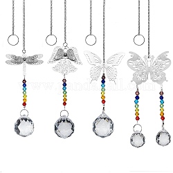 4Pcs 4 Style Glass Chandelier Suncatchers Prisms Chakra Hanging Pendant, with Iron Cable Chains and Brass Pendants, Butterfly, Dragonfly, Angel with Round, Platinum, 445mm, 1pc/style