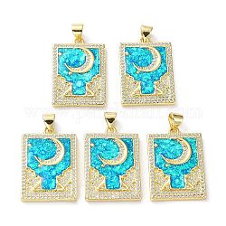 Rack Plating Brass Micro Pave Cubic Zirconia Moon Pendants, Synthetic Opal Rectangle Charms with Snap on Bail, Cadmium Free & Lead Free, Long-Lasting Plated, Real 18K Gold Plated, Cyan, 26x18x3mm, Hole: 5x3.2mm