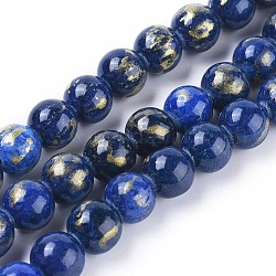 Natural Jade Beads Strands, with Gold Foil, Dyed, Round, Medium Blue, 6mm, Hole: 1mm, about 70pcs/strand, 15.75 inch(40cm)