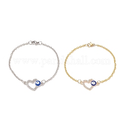 2Pcs 2 Color Crystal Rhinestone Heart with Evil Eye Link Bracelets Set, Alloy Jewelry for Women, Platinum & Golden, 7-5/8 inch(19.4cm), 1Pc/color