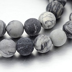 Bereift runde natürliche schwarze Seide Stein / Netstone Perlenstränge, 10 mm, Bohrung: 1 mm, ca. 40 Stk. / Strang, 15 Zoll