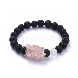 Natürliche Lava Rock runde Perlen Stretch Armbänder, mit natürlichen Rosenquarzspänen und Messingperlen, golden, Innendurchmesser: 2 Zoll (5 cm)