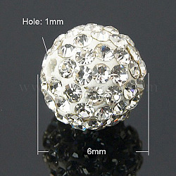 Perles de boule pavé disco , Perles de strass en argile polymère, Grade a, cristal, 6mm, Trou: 1mm