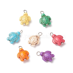 Dyed Synthetic Turquoise Pendants, with Platinum Tone Iron Loops, Tortoise Charms, Platinum, 22x14x7mm, Hole: 3mm