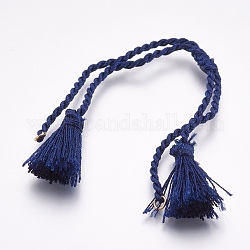Bracelets torsadés en polyester, avec pendentifs pompon & en laiton, bleu minuit, 11 pouce ~ 12-5/8 pouces (28~32 cm), 2mm, Trou: 2mm