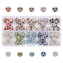 Nbeads 50Pcs 10 Colors Brass Rhinestone European Beads, Round Large Hole Beads, Mixed Color, 12x10mm, Hole: 4mm, 5pcs/color