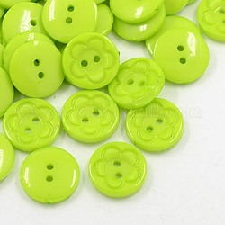 Bottoni da cucire acrilico per design di vestito, bottoni plastico, 2-foro, tinto, tondo piatto con modello di fiore, verde giallo, 16x3mm, Foro: 1 mm
