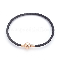 Bracelet en cuir tressé tressé, avec fermoirs en laiton, or, noir, 7-7/8 pouce (19.9 cm), 3mm