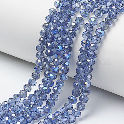 Galvanisieren Glasperlen, halb plattiert, in Blau Plattiert, facettiert, Rondell, Kornblumenblau, 3.5x3 mm, Bohrung: 0.4 mm, ca. 123~127 Stk. / Strang, 13.7~14.1 Zoll (35~36 cm)