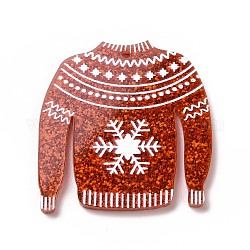 印刷されたアクリルパーツ  キラキラのスパンコール付き  クリスマスのために  雪の結晶のチャームが付いた服  サンゴ  37x35x2mm  穴：1.6mm