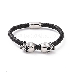 304 bracelet en perles de crâne en acier inoxydable avec fermoirs magnétiques, bracelet punk en cuir tressé noir pour hommes femmes, couleur inoxydable, 8-3/8 pouce (21.3 cm)