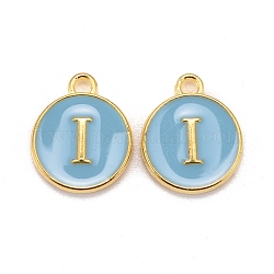 Golden Plated Alloy Enamel Charms, Cadmium Free & Lead Free, Enamelled Sequins, Flat Round with Letter, Sky Blue, Letter.I, 14x12x2mm, Hole: 1.5mm