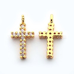 Brass Micro Pave Cubic Zirconia Latin Cross Pendants, Cadmium Free & Nickel Free & Lead Free, Real 18K Gold Plated, 15.8x9x2.5mm, Hole: 1mm