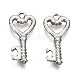 304 Stainless Steel Pendants, Heart Key, Stainless Steel Color, 22x10x2mm, Hole: 1.6mm