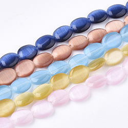 Chapelets de perles d'œil de chat, ovale, couleur mixte, 9~10x7.5~8x3.5mm, Trou: 1mm, Environ 40 pcs/chapelet, 14.5 pouce