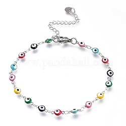 304 Stainless Steel Link Bracelets, with Enamel and Lobster Claw Clasps, Evil Eye, Stainless Steel Color, Colorful, 8-1/8 inch(20.5cm), Eye: 9x4.5x3mm
